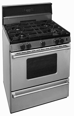 Range with backsplash clock oven window 4 burners stainless steel