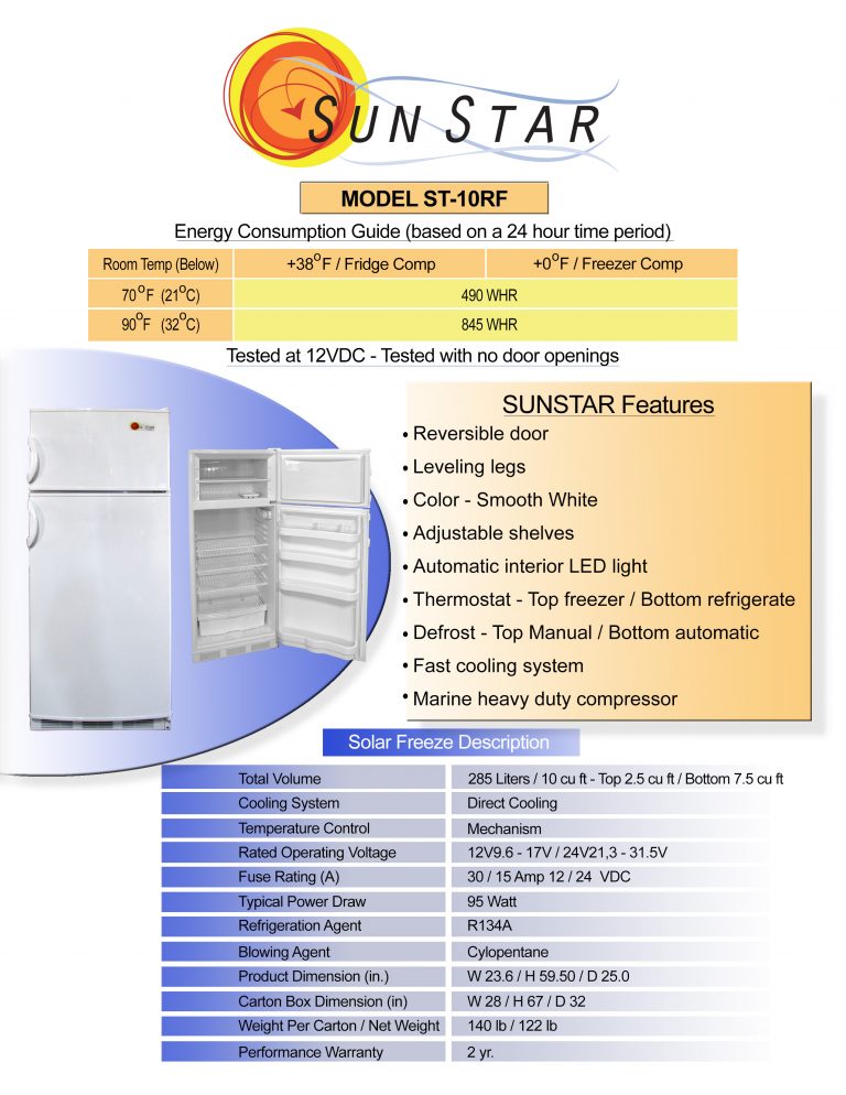 Sunstar 10 Cubic Foot Dc Solar Refrigerator Freezer