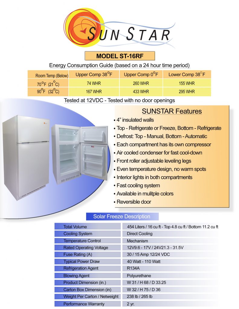 Spec sheet for 16 cubic foot solar DC refrigerator & freezer