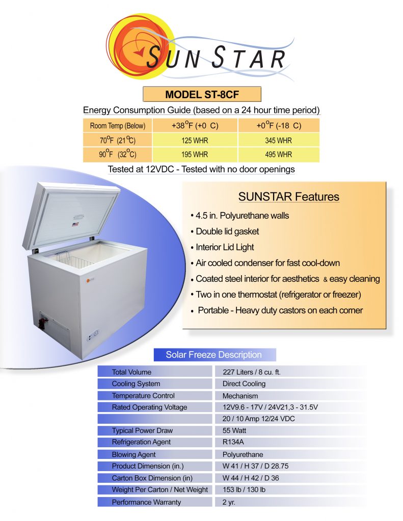 Spec sheet for 8 cubic foot solar chest freezer