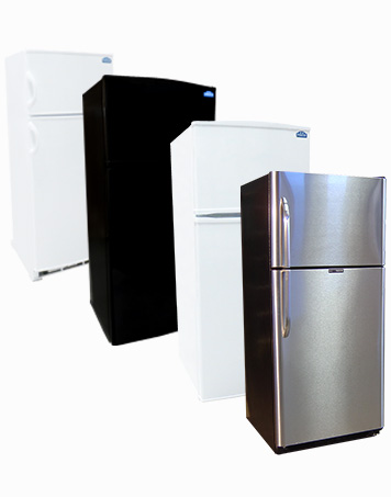 All sizes of Propane Refrigerators, white, black, stainless steel